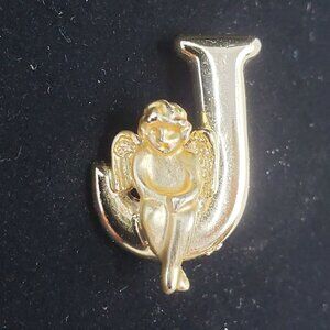 Vintage L Razza Initial Letter J Brooch Lapel Pin Sitting Angel Gold Tone